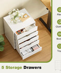 Five Drawer On Wheels Mobile Storage Chest, Space Saving Wooden Dresser For Home Office, White Wood Finish with open drawers