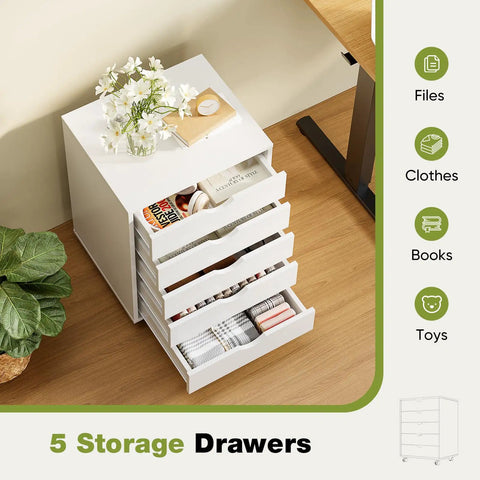 Five Drawer On Wheels Mobile Storage Chest, Space Saving Wooden Dresser For Home Office, White Wood Finish with open drawers
