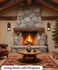 Two Pack Rustic Wood Wall Sconces Set Vintage Farmhouse Style Light Fixtures on stone fireplace in cozy living room