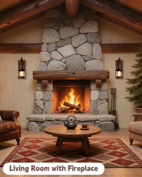 Two Pack Rustic Wood Wall Sconces Set Vintage Farmhouse Style Light Fixtures on stone fireplace in cozy living room