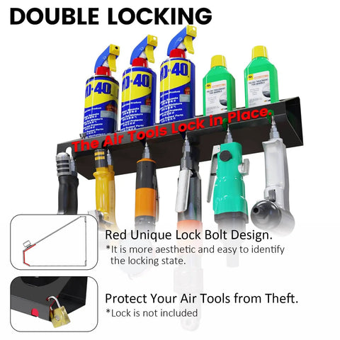 Multipurpose Wall Mounted Spray Can And Air Tool Organizer Rack With Five Can Slots And Six Tool Holders For Garage Or Shop Use