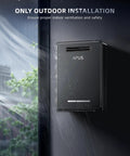 Rock Solid 190000 BTU Outdoor Propane Tankless Water Heater with rain and outdoor installation emphasis.