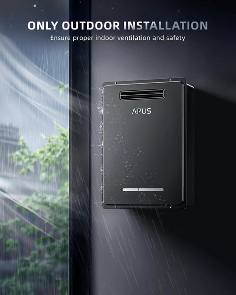 Rock Solid 190000 BTU Outdoor Propane Tankless Water Heater with rain and outdoor installation emphasis.