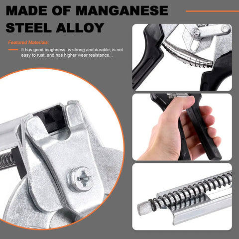 Heavy Duty Hog Ring Pliers Kit With 1200 Galvanized M Clips Pro Grade Manganese Steel Hand Tool showing ergonomic handle and metal components.