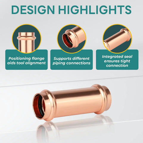 40 Pack 2 Inch X 2 Inch Copper Press Extended Couplings with integrated seal for tight connections and tool alignment.