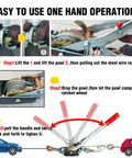Heavy Duty 11,000 Lbs Come Along Winch With 12 Ft Steel Cable And 3 Hooks showing easy one-hand operation steps.