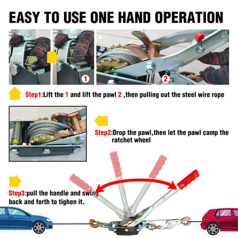 Heavy Duty 11,000 Lbs Come Along Winch With 12 Ft Steel Cable And 3 Hooks showing easy one-hand operation steps.