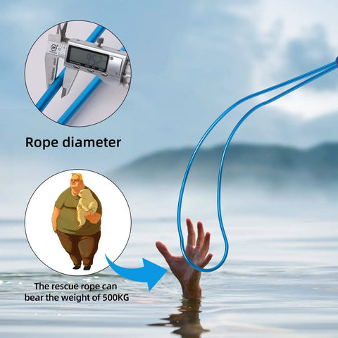 Rock Solid Aluminum Pool Safety Hook With 3.3 Foot Telescopic Pole for Emergency Drowning Rescue in action with rope and hand.