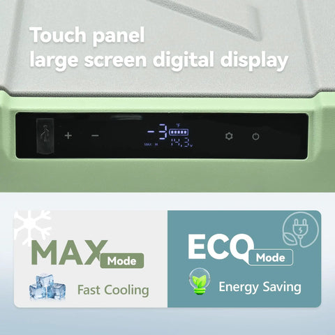 Touch panel and digital display of the Massive 58 Qt Portable Car Refrigerator And Electric Cooler With 12V Plug And Play Setup.