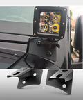 2 Pack Jeep JK A Pillar Windshield Hinge Mount Brackets For Offroad LED Fog Lights And Halogen Work Lights 2007 Through 2017 Wrangler JK Black No Drilling Install Padded Beefy Backplate 2 Year Warranty, shown installed on vehicle.