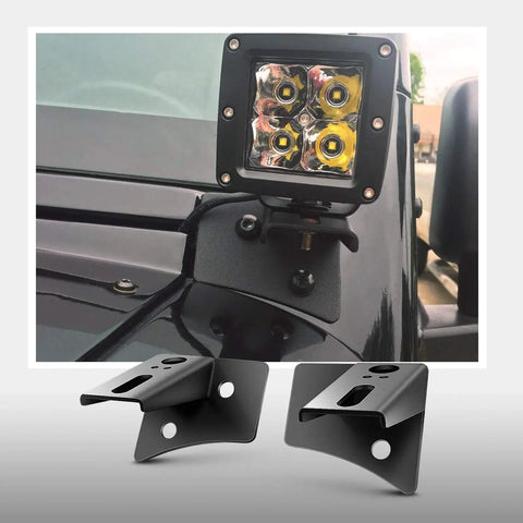 2 Pack Jeep JK A Pillar Windshield Hinge Mount Brackets For Offroad LED Fog Lights And Halogen Work Lights 2007 Through 2017 Wrangler JK Black No Drilling Install Padded Beefy Backplate 2 Year Warranty, shown installed on vehicle.