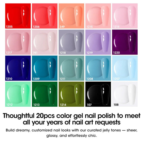 Ultimate 24 Piece Gel Nail Polish Kit With 20 Dope Shades And 4 Essential Coats Base Coat Glossy Top Coat Matte Top Coat Cat Eye Top Coat 3 Free Formula UV Cured Soak Off Nail Kit For Women, showcasing 20 different nail polish colors arranged in a grid format.