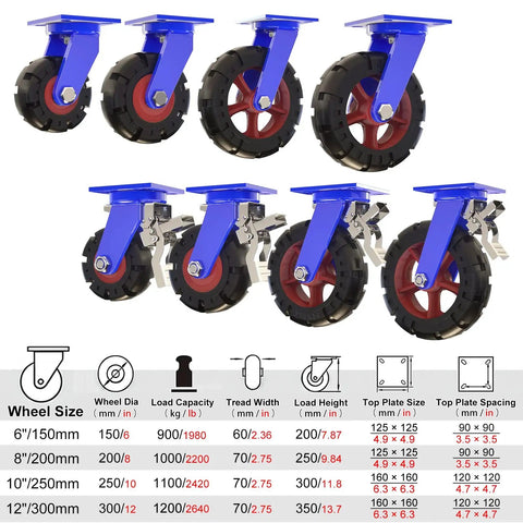 Heavy Duty Swivel Caster Wheels Set Of 4 Rolling Like A Dream With Dual Locking Brakes, 2000 Lbs capacity, rubber wheels.