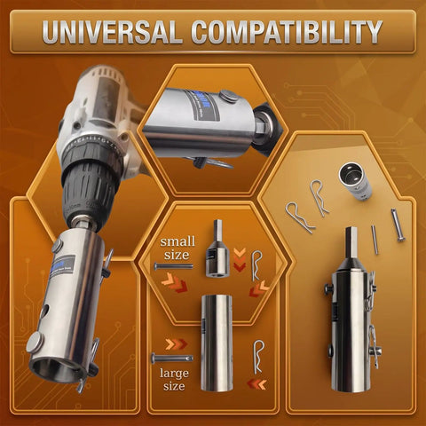 Heavy Duty Two In One Trailer Jack Drill Adapter For One Inch And Half Inch Drive Shafts with drill and adapter sizes shown.