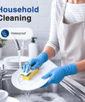 Person washing dishes wearing Blue Vinyl Synthetic Exam Gloves 4 Mil Powder Free Latex Free Non Sterile Disposable Gloves Large 100 Count for Healthcare Food Handling Cleaning Cooking Salon.