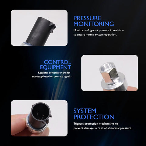 AC Pressure Switch Sensor For Ford And Lincoln Cars Plug In Ready Air Conditioning Clutch Pressure Switch Replacement Fits Expedition F150 Fiesta Focus Mazda And More Replaces 4673935 6F9319D594AA 6F9Z19D594AA close-up views showing pressure monitoring and system protection features
