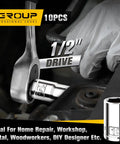 Mechanic using 10 Piece 1/2 Inch Drive Shallow Socket Set Metric 10mm Through 19mm, 6 Point Cr-V Steel, Chrome Plated