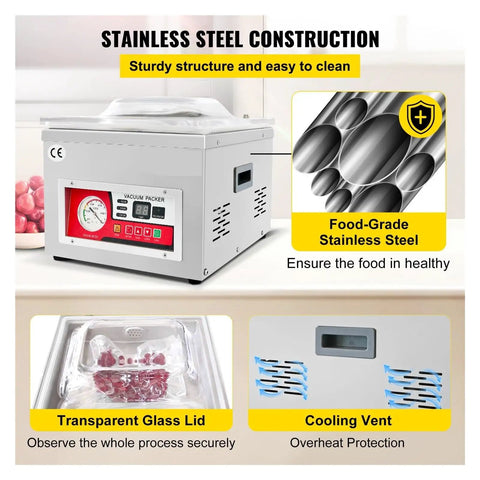 Commercial Chamber Vacuum Sealer Heavy Duty Food Packing Machine Pro Kitchen Meat Saver with stainless steel construction and glass lid.
