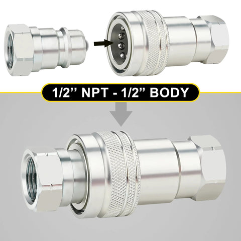 ANCIMOON 1/2 in NPT hydraulic quick-connect coupling with knurled sleeve and dust caps (side view)