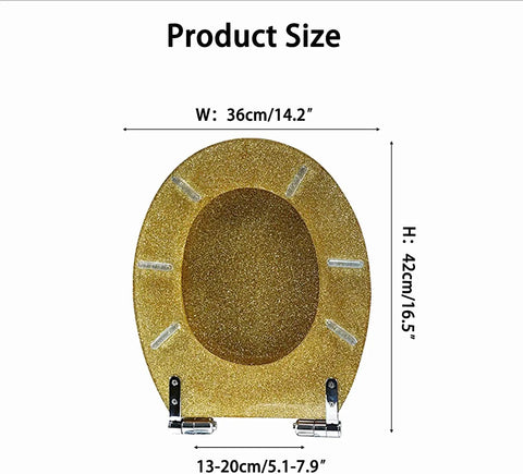 Smooth Ride Silver Foil Glitter Toilet Seat With Soft Close Hinges And Quick Release Mounting For Standard Elongated Bowls, showing dimensions 36cm by 42cm.