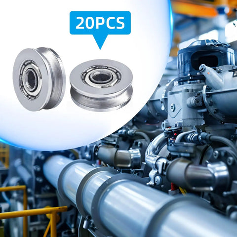 20 Pack V Groove Bearings V623ZZ Carbon Steel Double Shielded Miniature Pulley Bearings For Rail Track Linear Motion System Ideal For Robotics And CNC Projects Smooth Rail Guidance Low Friction Operation 3X12X4mm Set Of 20 illustration next to machinery setup