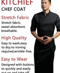 Men Half Sleeve Chef Coat In Soft Black Lightweight Stretch Jacket Breathable Kitchen Uniform Featuring Clever Sleeve Pocket For Culinary Pros Craving Knockout Flex And Zero Sweat Comfort Through Heavy Shifts, displayed on a model.