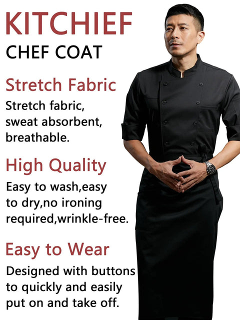 Men Half Sleeve Chef Coat In Soft Black Lightweight Stretch Jacket Breathable Kitchen Uniform Featuring Clever Sleeve Pocket For Culinary Pros Craving Knockout Flex And Zero Sweat Comfort Through Heavy Shifts, displayed on a model.