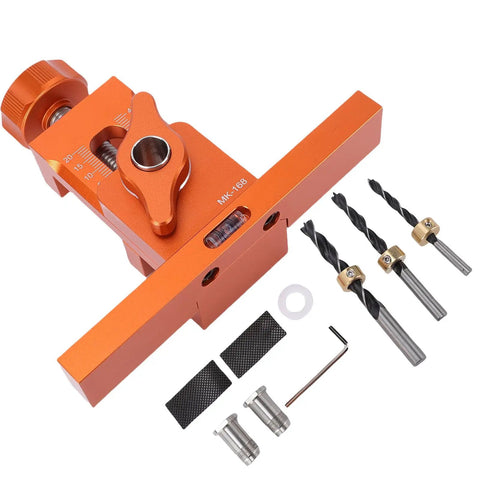 Adjustable Heavy Duty Aluminum Alloy Cabinet Door Mounting Jig With Built In Level Bubble And Non Slip Grip For Spot On Precise Installs and Worry Free Workshop Positioners top view with accessories