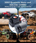 All Weather 3660 2350Kv Brushless Motor And 60A ESC Combo for 1/10 RC cars and trucks shown with RC vehicles in action