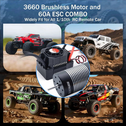 All Weather 3660 2350Kv Brushless Motor And 60A ESC Combo for 1/10 RC cars and trucks shown with RC vehicles in action