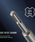 SDS Plus drill bit shank close-up in silver metal with grooved non-slip connection