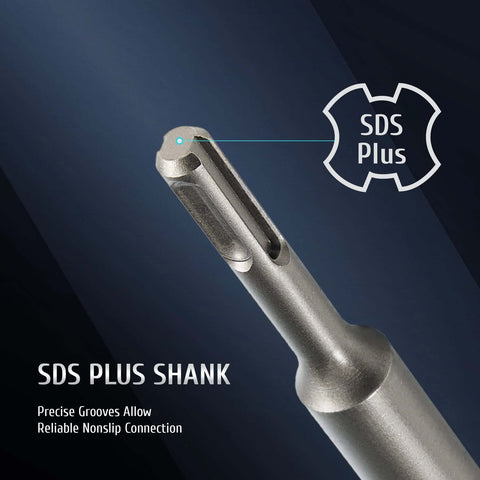 SDS Plus drill bit shank close-up in silver metal with grooved non-slip connection