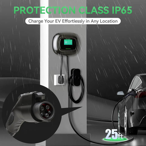 J1772 Compatible Level 2 EV Wall Charger for 240V 40A with 25Ft Cable and NEMA 14-50 Plug, compact design on wall in rain