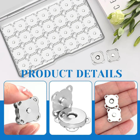 40 Sets Magnetic Snaps 14mm Silver Clasps Set For Purses And Totes, Fabric DIY Crafts, Sewing Supplies, Clothes And Leather Projects, Scrapbooking Closures, Durable Metal Button Closures displayed in packaging with close-up views