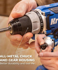 Compact Cordless 20V Drill And 1/4 Inch Impact Driver Combo Kit With Two Reliable Batteries Runs Smooth And Steady for a smooth grip on all-metal chuck.