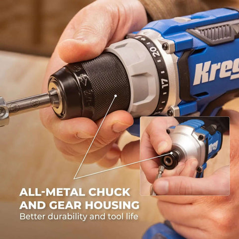 Compact Cordless 20V Drill And 1/4 Inch Impact Driver Combo Kit With Two Reliable Batteries Runs Smooth And Steady for a smooth grip on all-metal chuck.