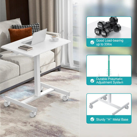 Small Standing Desk On Wheels With Adjustable Height Portable Laptop PC Table for home office in modern white, 19 inch wide.