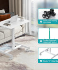 Go To Mobile Rolling Laptop Desk With Two Lockable Wheels Height Adjustable Sit Stand Computer Workstation From 28.54 To 42.52 Inches Pneumatic Lift Compact Ergonomic Home Office Desk 19 Inch White shown in a living room