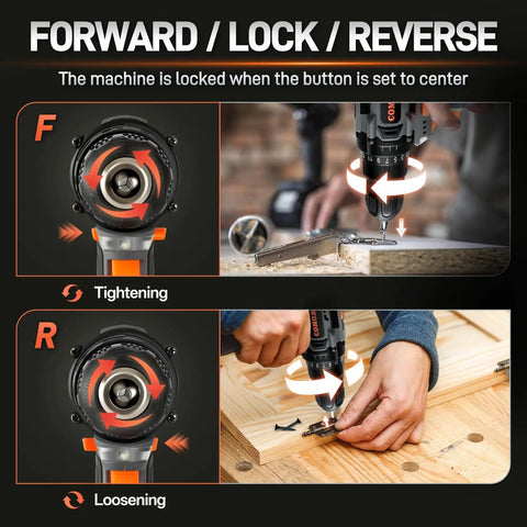 20V Cordless Drill Kit That Tackles Tough Jobs Like a Pro demonstrating forward and reverse functions