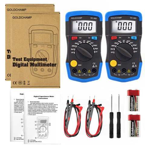 Capacitor Tester And Digital Multimeter Capacitance Meter 200pF To 20mF Handheld With Backlight Data Hold Pro Grade GC-36D Two Pack
