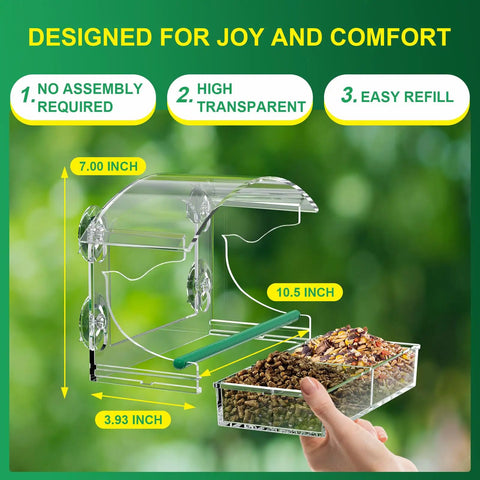 Clear Acrylic Window Bird Feeder With 4 Strong Suction Cups And Detachable Seed Tray Highly Transparent Outdoor Viewing Birdfeeder For Wild Birds Easy Clean Weatherproof Design For Windows Or Siding