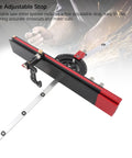 Heavy Duty Aluminum Miter Guide With Slick Sliding Fence For Table Saws And Router Tables, featuring adjustable stop and fine markings.