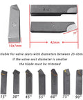 Pro Grade 29 Piece Universal Valve Seat Cutter Kit With Carbide Tipped Blades And Arbors For 22 To 63mm Valves shown with blade sizes and angles.