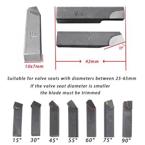 Pro Grade 29 Piece Universal Valve Seat Cutter Kit With Carbide Tipped Blades And Arbors For 22 To 63mm Valves shown with blade sizes and angles.