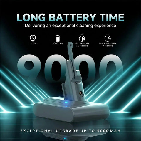 Top Shelf 9000mAh Battery Replacement For Dyson V7 Series And V7 Animal Cordless Vacuum Cleaners shown, highlighting extended runtime features.