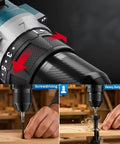 Heavy Duty Cordless Drill And Driver With Badass Brushless Motor Killer 75 Nm Torque showing dual speed settings and usage for fastening wood.