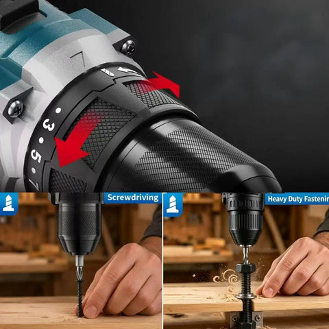 Heavy Duty Cordless Drill And Driver With Badass Brushless Motor Killer 75 Nm Torque showing dual speed settings and usage for fastening wood.