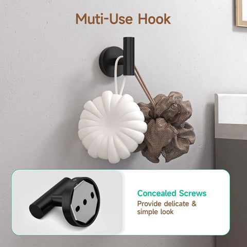 Dope Matte Black Bathroom Accessories Set with wall-mounted robe hooks and concealed screws, showcasing multi-use functionality.