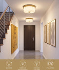 Hallway view of 11 Inch Brushed Gold Flush Mount Ceiling Light With Milk Glass Shades For Hallways Kitchens Bathrooms And Dining Rooms Modern Indoor Lighting That Pops