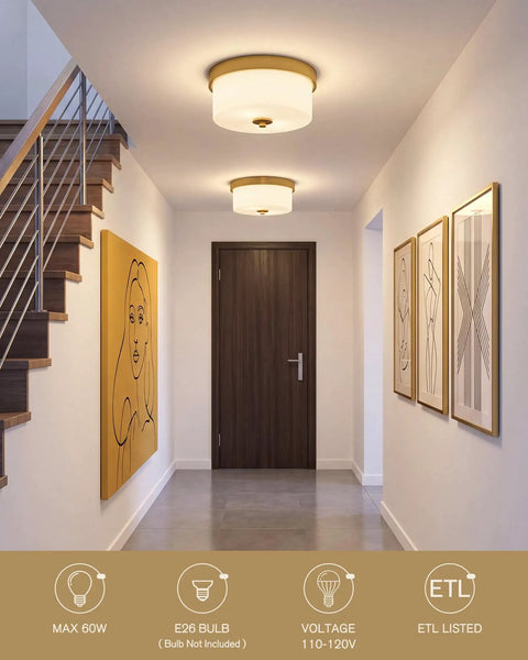 Hallway view of 11 Inch Brushed Gold Flush Mount Ceiling Light With Milk Glass Shades For Hallways Kitchens Bathrooms And Dining Rooms Modern Indoor Lighting That Pops